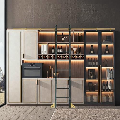 Kit de quincaillerie pour échelle coulissante pour la maison ou la bibliothèque, 100 cm, 200 cm, 300 cm, 400 cm, 500 cm, 600 cm, rails d'échelle mobiles dorés avec roulettes au sol (sans échelle)(122c