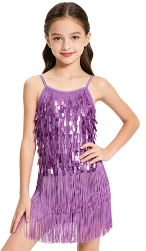 LOLANTA Dansdräkt för flickor, paljett, frans, barn, Salsa Rumba latin, dansande kläder, set, glittrande ärmlös tofs, dans, miniklänning med shorts