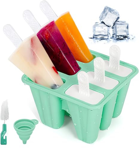 Stampi per Gelato, Stampi per Ghiaccioli in Silicone, Riutilizzabili Ghiaccioli Stampol, con Spazzola di Pulizia e Imbuto Pieghevole, Formine per il Cioccolato e il Gelato Fai da Te (Verde, 6 Cavità)