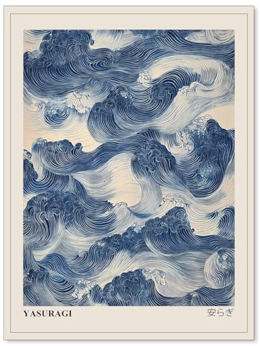 rumlud Japanese Blue Waves Wall Art Vintage Oriental Japandi Wabi Sabi Poster Abstract Giant Waves Canvas Prints for Minimalist Living Room Wall Decor 12X16 inch Unframed
