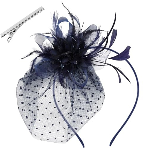 GWAWG Chapeau Fascinateur pour Femmes avec Plumes Bleu Marine, Fascinateur Rétro, Bandeau Fleuri en Résille, Accessoire de Coiffure à Clip pour Mariage, Soirée, Cocktail, Carnaval
