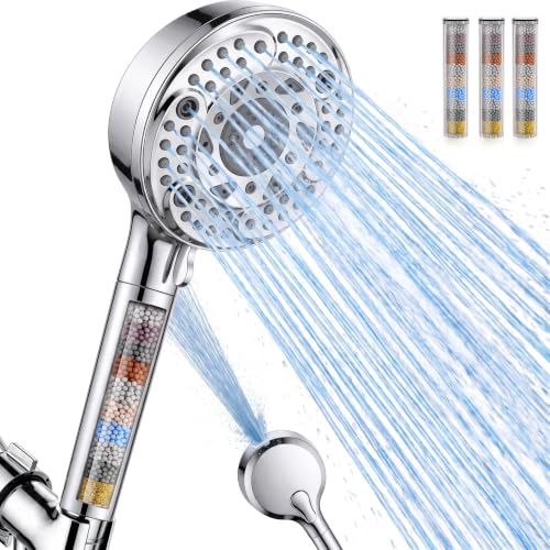 SunCleanse Filtered Shower Head with Handheld,9-Spray Setting High Pressure Detachable Shower Head with 4 Filters for Hard Water - Filter Chlorine, Improve Skin and Hair Texture(4 Filters, Chrome)