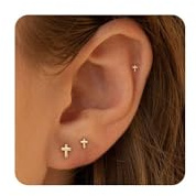 HANLI 3 Pairs 14K Gold Plated Flat Back Earrings for Women Hypoallergenic Helix Piercing Jewellery Small Cross Stud Cartilage Tragus Earring Gifts for Teenage Girls