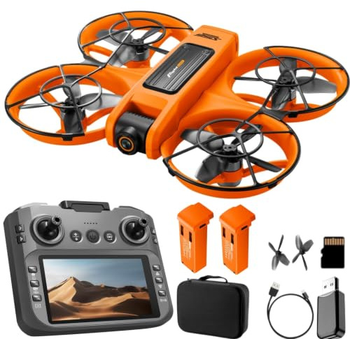 Drone con telecomando schermo da 4,9, doppia fotocamera HD, motore brushless, flip a 360°, stabilizzazione ottica, tempo di volo 15 minuti, resistente al vento, per principianti. (arancione)