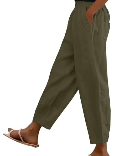 Yutdeng Cotton Linen Trousers for Women UK Casual Cropped Barrel Leg Palazzo Pants Elasticated Waist Laides Trousers Summer Lounge Pants Wide Leg Joggers with Pockets for Beach Holiday