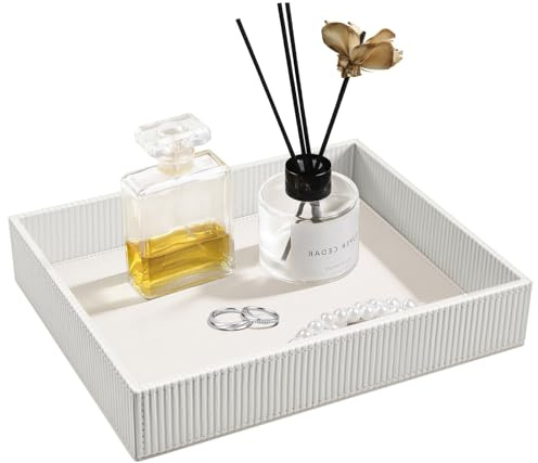 SITHON Valet Tray Desk Organizer PU Leather Catchall, Stripe Pearl White