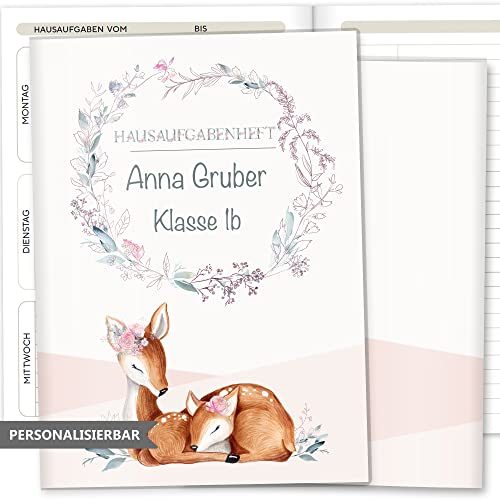 Olgs Hausaufgabenheft Hülle Rehkitz inkl. Heft Schulheft Schutzhülle Umschlag schöne Geschenkidee personalisierbar mit Namen und die Schulklasse (Hausaufgabenheft personalisiert, Lusy)