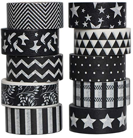 aufodara Lot de 10 rouleaux de ruban adhésif Washi noir et blanc pour emballage cadeau - Ruban adhésif décoratif pour scrapbooking et travaux manuels - Noir et blanc