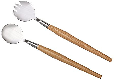 Posate per Insalata Acciaio Inox Posate da Insalata con Manico in Legno Cucchiai da Insalata in Metallo Forchette Insalata Posate da Portata per Cucina Sala da Pranzo 2 Pezzi 28 cm di Lunghezza