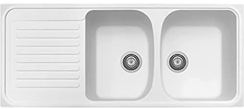 Plados Évier en quartz de cuisine encastré HR1162 deux bacs plus égouttoir - Blanc