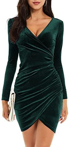Niwicee Womens Dress Velvet Ruched Bodycon Dress V Neck Long Sleeve Wrap Dresses Mini Prom Dress Ladies Elegant Evening Dress Cocktail Party Midi Dresses(Green,M)