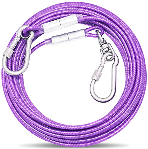 Cable de amarre morado para perro con hebilla de acero, cable de corredor de perro de 3/6/9/15 m con gancho giratorio, correa de perro para patio al aire libre, camping, para perros y mascotas de