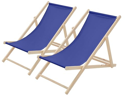 ECD Germany 2x Sedie a Sdraio Pieghevoli in Legno e Tessuto Blu Scuro Schienale Regolabile 3 Posizioni Reclinabili Carico max. 120kg Lettini Prendisole da Spiaggia Giardino Balcone, 117 x 52 x 10 cm