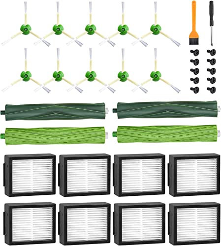 Pièces de Rechange pour iRobot Roomba E5 E6 i7 i7+ i3 i3+ i4 i4+ i6 i6+ j7 j7+, Kits Accessoires Remplacement pour Roomba i/e/j Séries, 4 Brosses en Caoutchouc, 8 Filtre HEPA, 10 Brosses Latérales