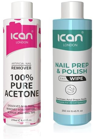 ican London Nail Gel Polish Prep Wipe 250ml + Pure Acetone Nail Polish Remover UV GEL Soak Off 250ml Combo Sets