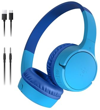 Belkin SoundForm Mini - Wireless Bluetooth Kids Headphones, 30H Battery, 85dB Safe Volume Limit, Built-in Microphone - Toddler On-Ear Earphones for iPhone, iPad, Fire Tablet, Ideal for School - Blue