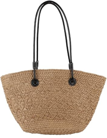 Vävd Strandväska, Stor Kapacitet Khaki Straw Beach Bag Snygg Axelväska för Utomhusshopping
