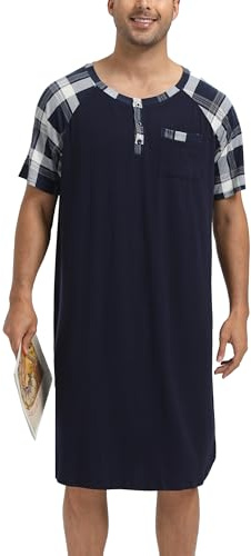 Enjoyoself Camisón Hombre Dormir Camisetas de Pijama Algodón Larga Suave Transpirable Camisa de Noche de Manga Corta Camison Hospital Ropa de Dormir para Descansar