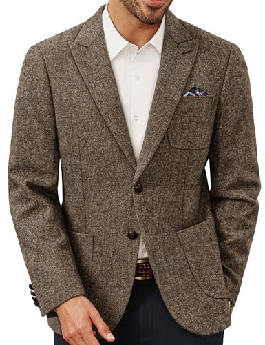 PJ PAUL JONES Blazer da uomo in tweed di lana, 2 bottoni, stile British, vestibilità regolare, giacca da completo business per uomo, cachi, L