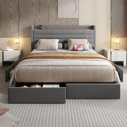 Moderno marco de cama tapizado de terciopelo, cabecero con puerto USB y función de almacenamiento, 4 cajones en la parte inferior del marco de la cama, 140 x 200 cm, color gris