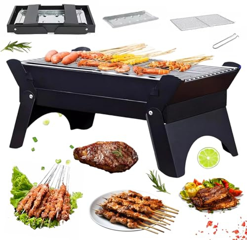 Barbecue portable au charbon de bois, pliable, petit barbecue de table pour 2 à 6 personnes, barbecue au charbon de bois pour pique-nique, randonnée, jardin, terrasse, camping, voyage, randonnée, noir