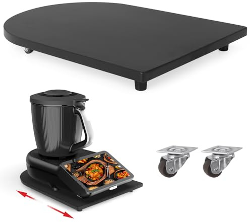 Bamboo Sliding Board for Thermomix TM7 with 360° Wheels, Easy Moving of the TM7, High-Quality Rolling Board Accessories with Non-Slip Rubber Feet, Secure Stand, Black