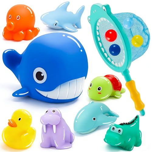 KDISHKRA 13 Pezzi Giochi Bagnetto per Bambini 1 2 3 4 Anni, Giocattoli da Bagno Galleggianti a Forma di Animali Marini, Reti da pesca, Palle oceaniche, Giochi Acqua Neonato, Giochi Vasca da Bagno