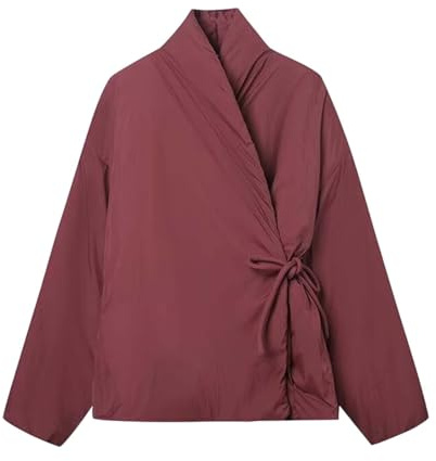 Generisch Giacca trapuntata leggera da donna in stile kimono da legare – Giacca avvolgente imbottita senza colletto | Giacca minimalista per le mezze stagioni dal design giapponese, Stil_z03 rosso, L