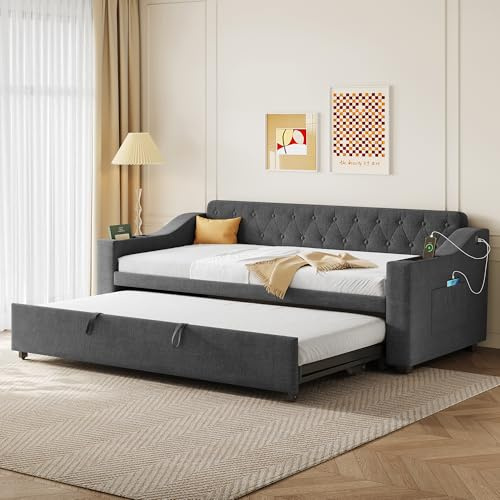 Merax Upholstered Daybed 90x190 cm Sofa Bed with Pull-Out Trundle, USB & Type-C Charging Station, 3ft Single Linen Bed with Armrest Storage – Grey (No Mattress)