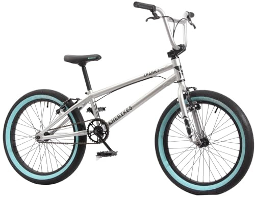 KHE Park Bicicleta BMX de 20 pulgadas – 11,1 kg ligera – Freestyle Bike para principiantes y avanzados – Frenos V – Tubo superior de 19,5 pulgadas – Plata turquesa – Modelo 2025