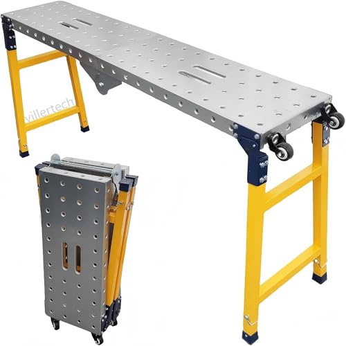 Villertech Folding Scaffolding Platform 1100 Lbs Height Adjustable Anti Slip Steel Step Ladder Stool with Galvanized Coating Anti-Slip Feet for Construction Car Washing Roof Snow Removal（47 Wide）