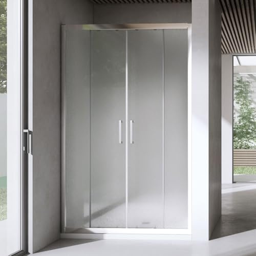 Yellowshop - Porta Doccia Scorrevole Extra 150 cm 2 Ante + 2 Fisse in Vetro Temperato Opaco 6 mm – Altezza 195 cm – Profili in Alluminio Effetto Acciaio