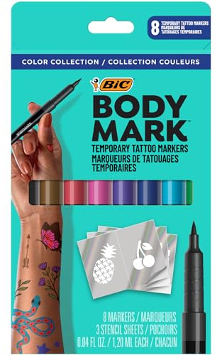 BodyMark Temporary Tattoo Markers, 8-Count Color Collection, Skin-Safe & Cosmetic Quality, Cruelty-Free, Long-Lasting, Flexible Brush Tip, Stencils Included