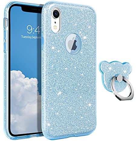DOMAVER Case for iPhone XR Case Glitter Bling Sparkle Shiny Cute Flexible Bumper Shockproof Slim Soft Rubber Smooth Extra Ring Holder Kickstand for Girls Women 6.1 inch – Blue