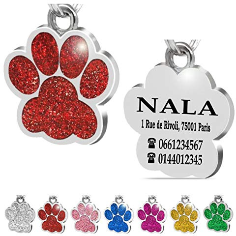 Ibera Gifts - Médaille Chien avec Gravure en Forme de Patte pour Animaux de Petite et Moyenne Taille, Médaille Chat Gravée (Rouge)