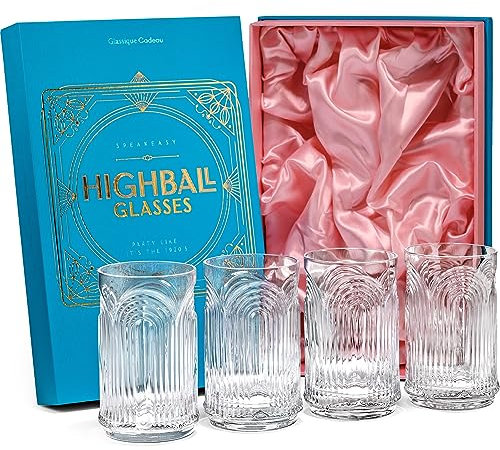 GLASSIQUE CADEAU Vintage Art Deco 1920er Gin Cocktail Longdrinkgläser mit Relief für Caipirinha, Mojito, Gin Tonic, Cuba Libre | 4er Set | 400 ml Hohe Highball Cocktailgläser