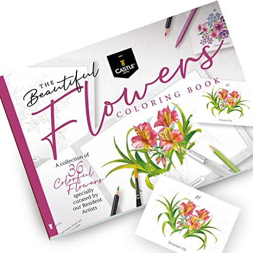 Castle Arts - Libro da colorare con fiori, 36 fiori che ispirano la consapevolezza curati da artisti interni con guida di riferimento ai colori, carta non visibile per artisti, formato A4 orizzontale