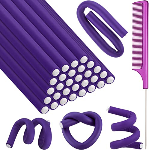 Syhood 30 bigodini flessibili da 9,45 mm, in schiuma morbida, senza calore, 1 pettine a coda di topo in acciaio, per capelli lunghi e corti (viola, 24 x 1 cm)