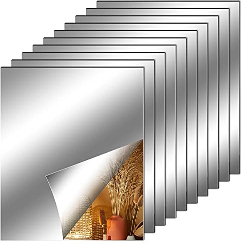 Fantasyon 10 Pieces Flexible Mirror Sheets, Self Adhesive Decorative Plastic Mirror Tiles Non-Glass Mirror Stickers for School Educational and Home Wall Decor(6x9 Inch)
