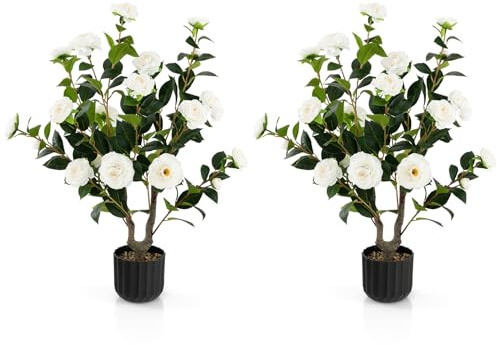 RELAX4LIFE Set de 2 plantas artificiales, árbol de camelia artificial de 95 cm, planta artificial en maceta, árbol de arte con 24 flores, planta de camelia para interior y exterior (Blanco)