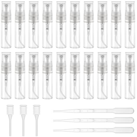 Ailvor Sprühflasche Glas Klein, 20 Stück Zerstäuber Sprühflasche mit 3 Tropfer, 3 Strohhalm, Nachfüllbar Sprayflasche Leer, Reise Parfumzerstäuber Transparente für Wasser, Alkohol, Parfüm (3ml)