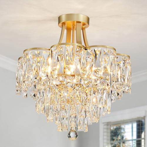 WUZUPS Crystal Chandelier Plafonnier encastré Luminaire moderne pour Chambre à coucher Hallway Bar Cuisine Salle de bain, H 49 x L 46. 5, E14 Base, Gold