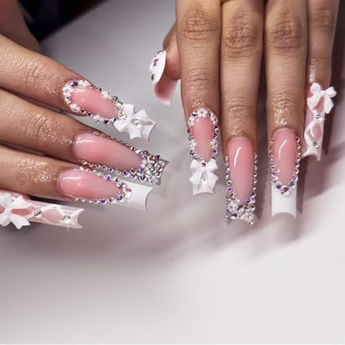GlamRays 24 stycken pressa nagl långa falska naglar med vit 3D-rosett blommor strass design