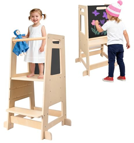 Helangel Toddler Standing Tower, Kids Learning Standing Tower with Chalkboard, Adjustable Toddler Step Stool, Wodden Toddler Tower with Safety Rail for Kitchen Bathroom Nursery