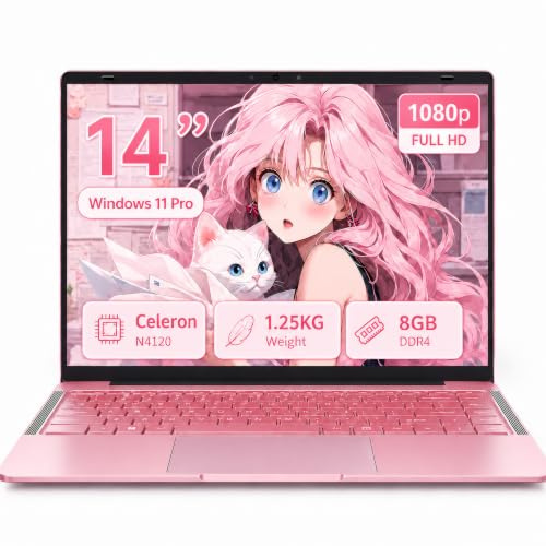 MOREPC Ordenador Portátil 14 Pulgadas, Win11 Pro Celeron N4120 (hasta 2.6 GHz), 8GB DDR4, Pantalla IPS FHD 1920x1080,USB 3.0, Laptop Ultradelgado para Estudiantes y Oficina(Oro Rosa, 8+256G SSD)