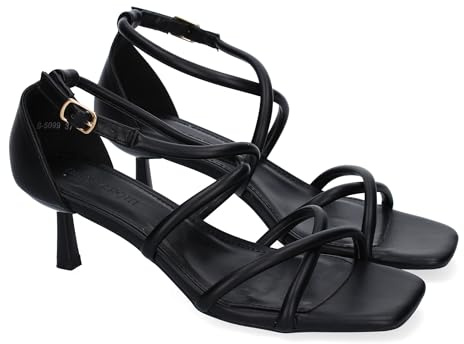 shoes&blues.es 90603 Sandalia de Tacon para Mujer, Diseno Moderno Comodo, con Tiras Cruzadas y Cierre de Hebilla, Ideales para Primavera-Verano. Negro Talla 41