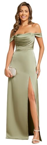 Ever-Pretty Bridesmaid Dress for Women Long with Slit Empire Waist Satin Prom Dresses Sage Green 12