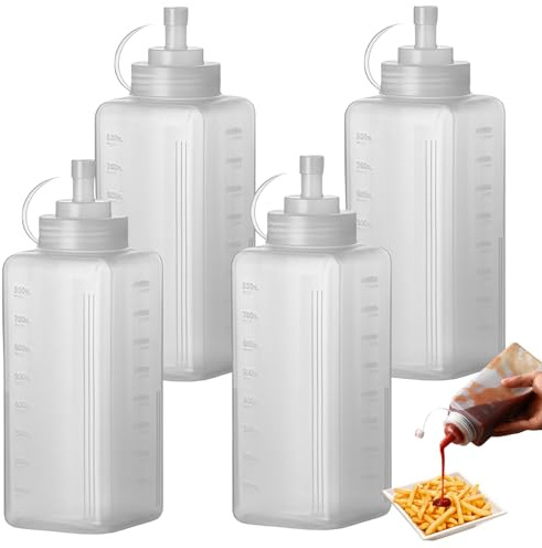GOEDCH Botellas de Salsa: 4 Botellas Exprimibles de Plástico con Tapa de 800 ml, Biberon para Condimentos Transparente Antigoteo, Squeeze Bottle para Kétchup, Barbacoa, Biberon Cocina con Escala