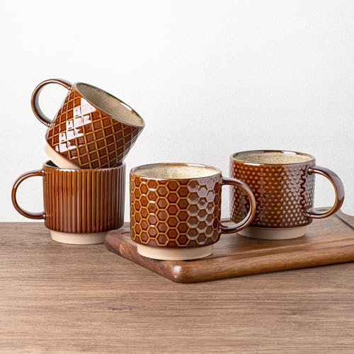 GBHOME - Juego de 4 tazas de café apilables de cerámica 480 ml - Tazas modernas texturizadas para té, café con leche y capuchino, apto para lavavajillas y microondas, regalo para hombre/mujer