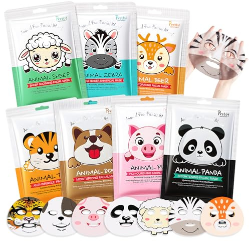 Masque Visage Enfant, Masque Tissu Visage, Masque Visage Femme avec Imprimé Animalier, Masque Hydratant Visage pour le Visage Convient Filles et Femmes, Sheet Mask Soin Visage Femme, 7 Pièces